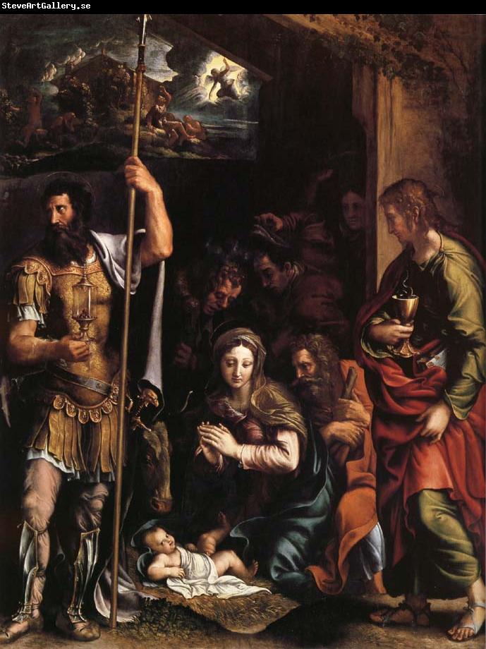 Giulio Romano La nativite de l'enfant jesus avec l'adoration des bergers entre Saint Jean l'Evangeliste et Saint Longin